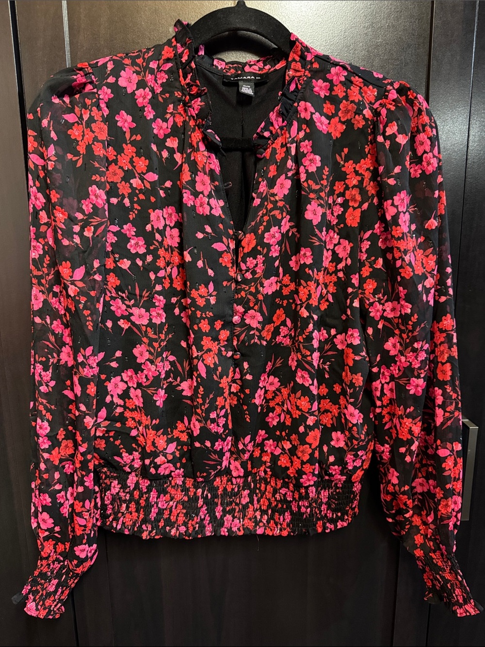 Women’s Black Floral Long-Sleeve Blouse with Pink & Red Flowers